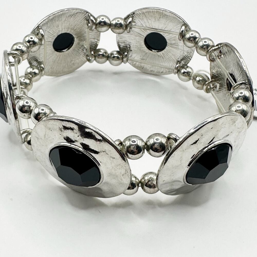 NWT Round Silver tone Black Stretch Bracelet Coastal Cowgirl Boho Western